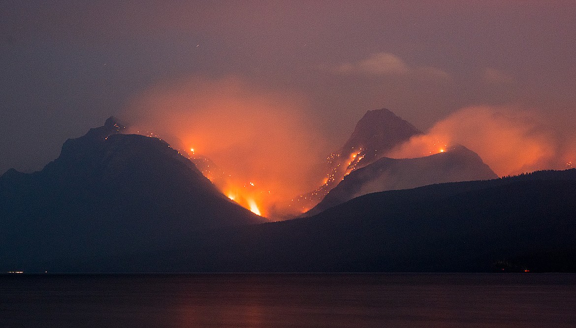 The Sprague Fire burns in Glacier National park Thursday evening. (Chris Peterson photo)