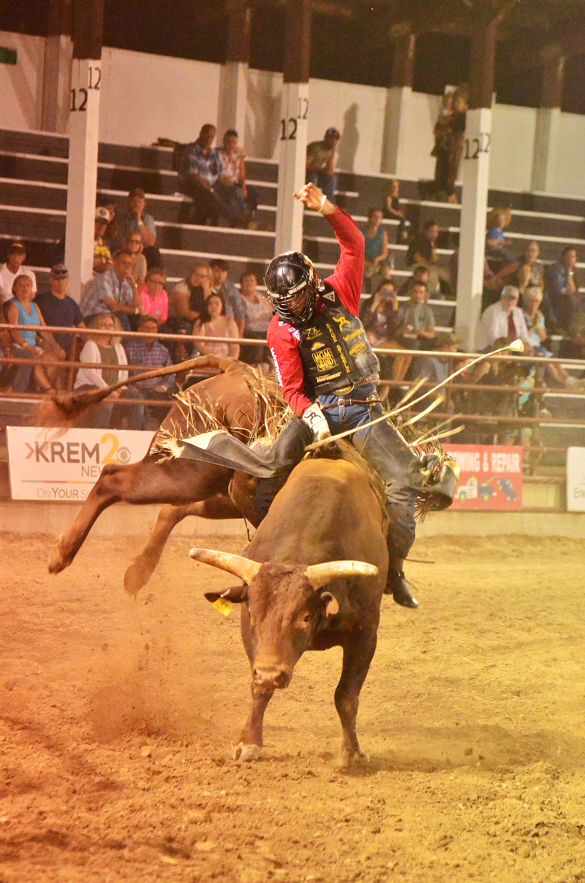 World Champion Bull Rider Sage Kimzey rides Pill Pusher for an 84.5pt ride. (Erin Jusseaume/Clark Fork Valley Press)