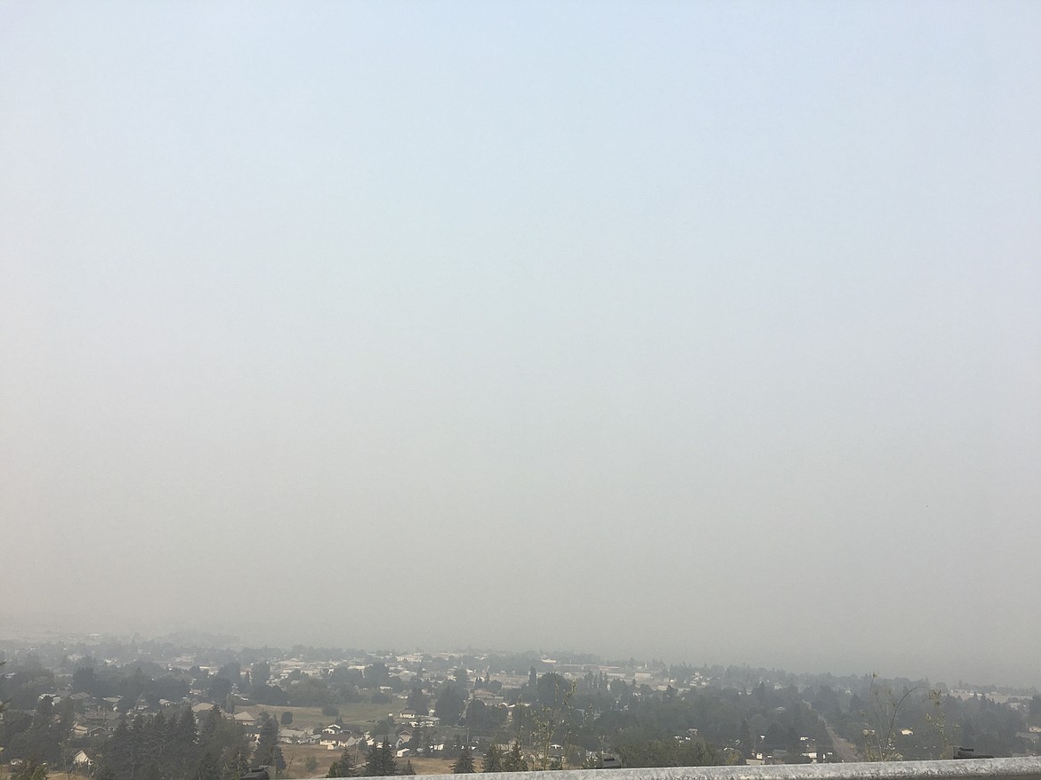 Smoke blanketed Flathead Lake, which can normally be seen from the top of Skyline Drive in Polson. (Ashley Fox/Lake County Leader)