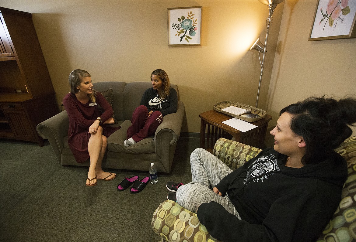 LOREN BENOIT/Press

Union Gospel counselor Bonnie Stevens, left, speaks to Samantha Thexton, middle, and Stephanie Palaniuk on Thursday afternoon at Union Gospel Mission.