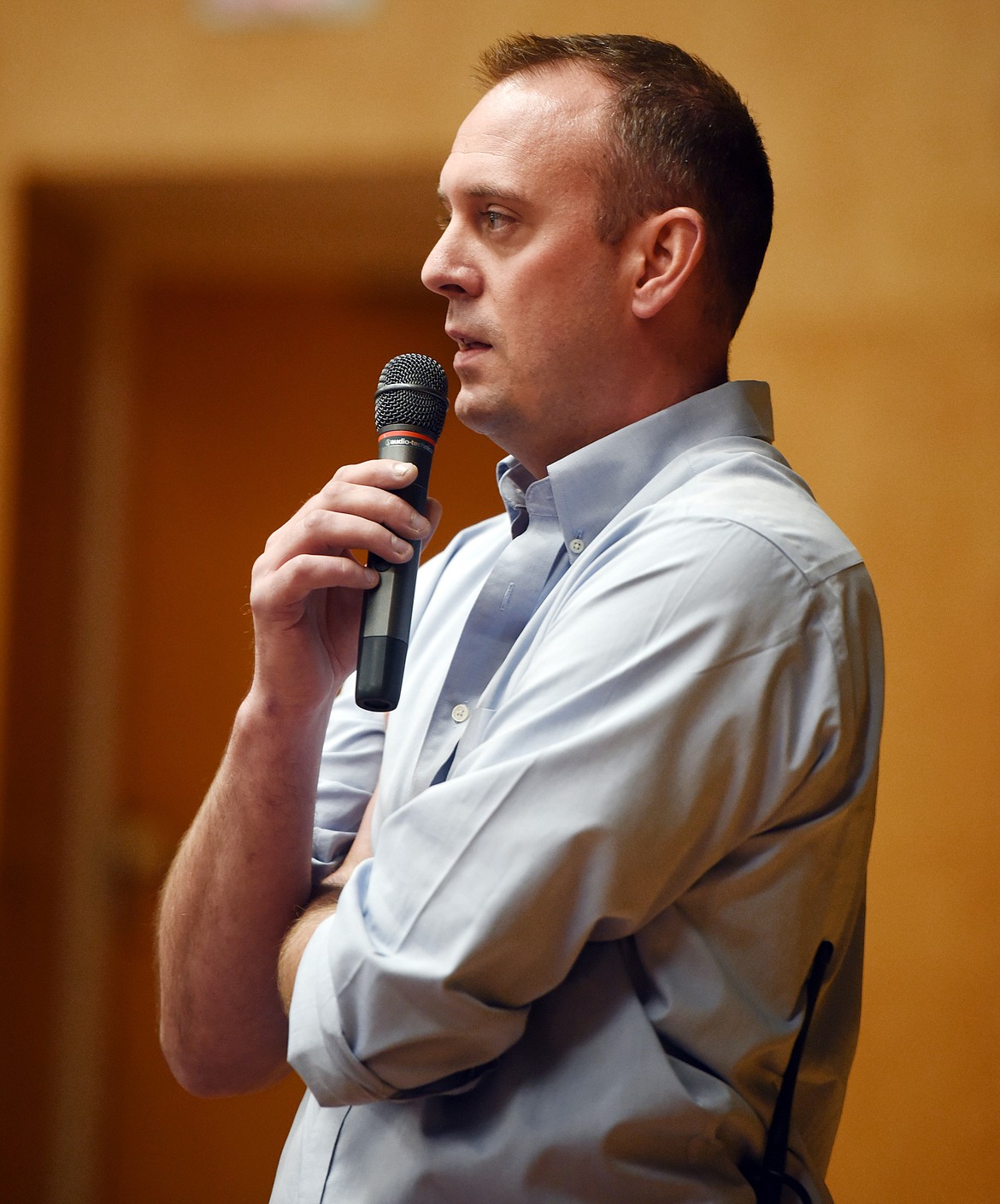 Columbia Falls Police Chief Clint Peters answers questions about the investigation into threats that closed schools across the Flathead since Thursday. Peters would not release specific details that could hinder the investigation, but did reassure parents that his own children would be returning to school Tuesday.
(Brenda Ahearn/Daily Inter Lake)