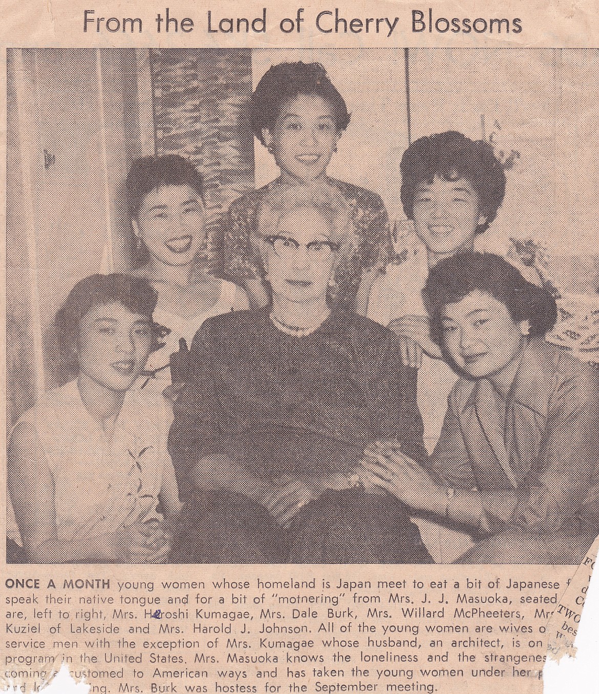 A clipping from the Daily Inter Lake shows a photograph of several Japanese war brides gathered around Aya Masuoka, who mentored the young women as they established their lives in the Flathead Valley.