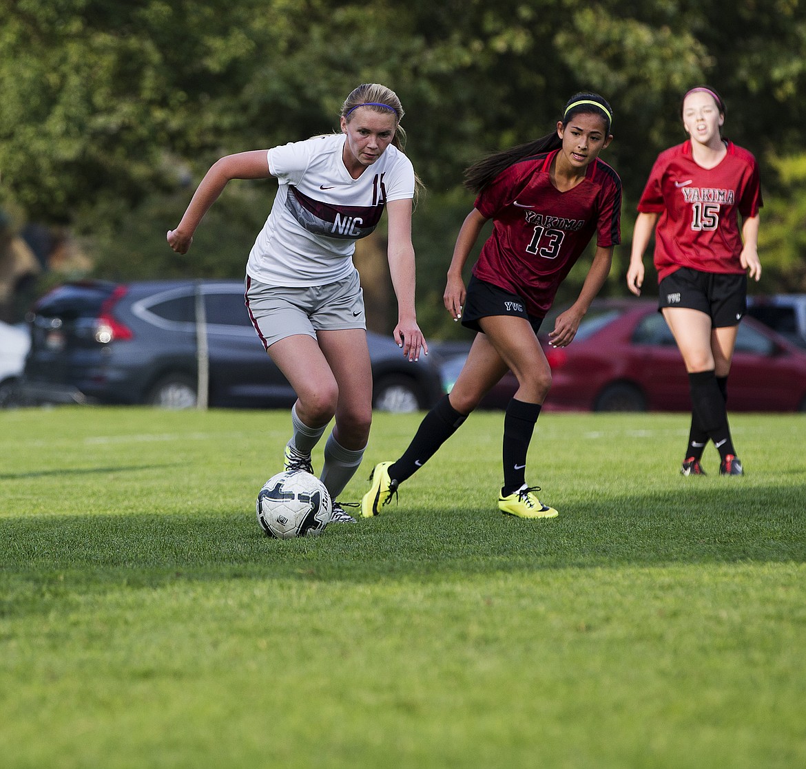 LOREN BENOIT/PressNorth Idaho College's Brooklyn Rankin takes the ball away from Yakima Valley's Courtney Ahn during Wednesday's match at NIC. NIC won 1-0.