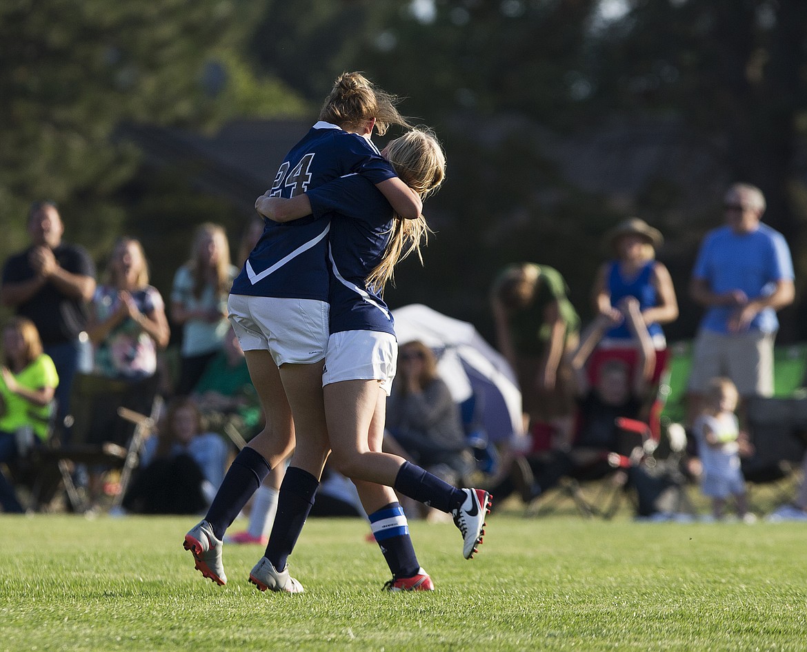 LOREN BENOIT/Press

Timberlake&#146;s Georgie Simpson and Shelby Starr celebrate a goal in the final minutes of Tuesday&#146;s game against Coeur d&#146;Alene Charter Academy.