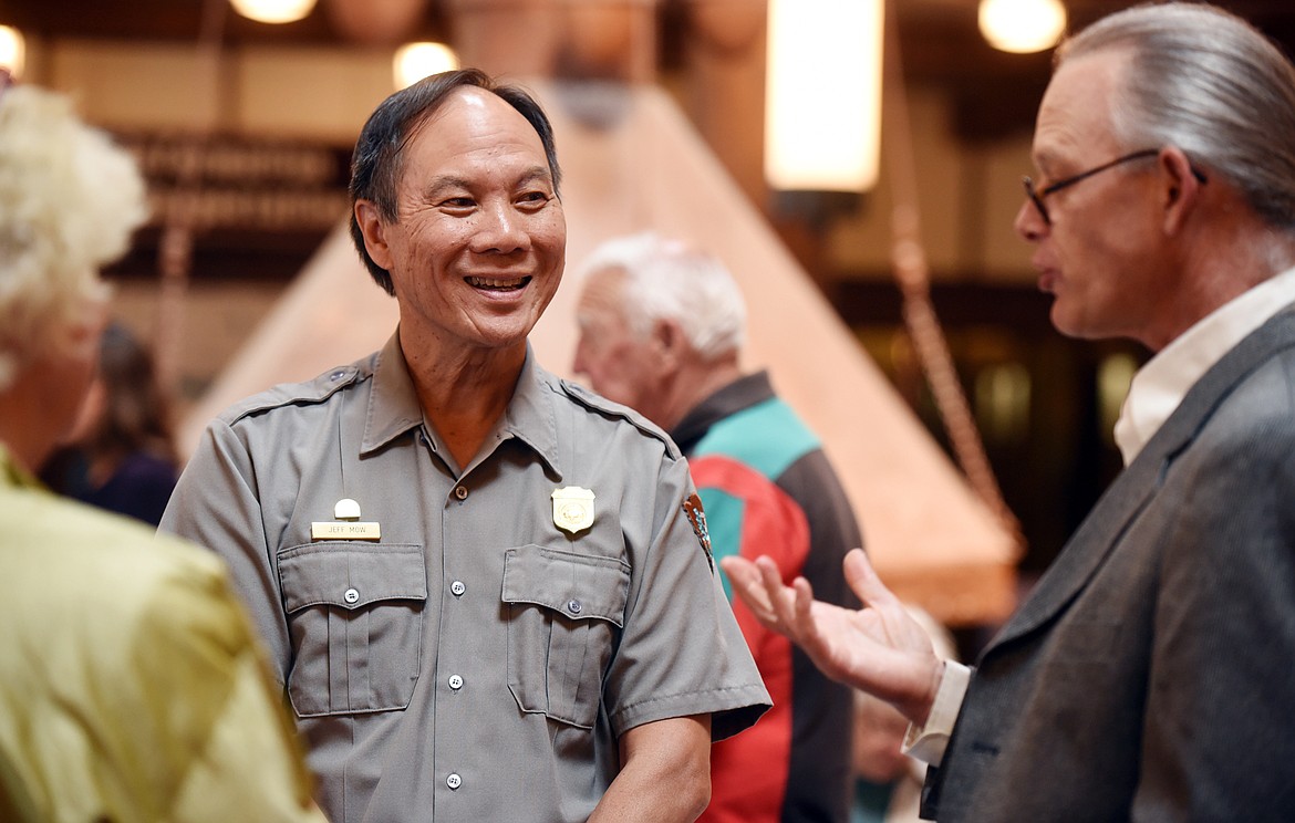 Superintendent of Glacier National Park Jeff Mow, talks with visitors at the historic landmark just prior media day which celebrated the years of renovations completed at the Many Glacier Hotel on Tuesday, September 12.(Brenda Ahearn/Daily Inter Lake)