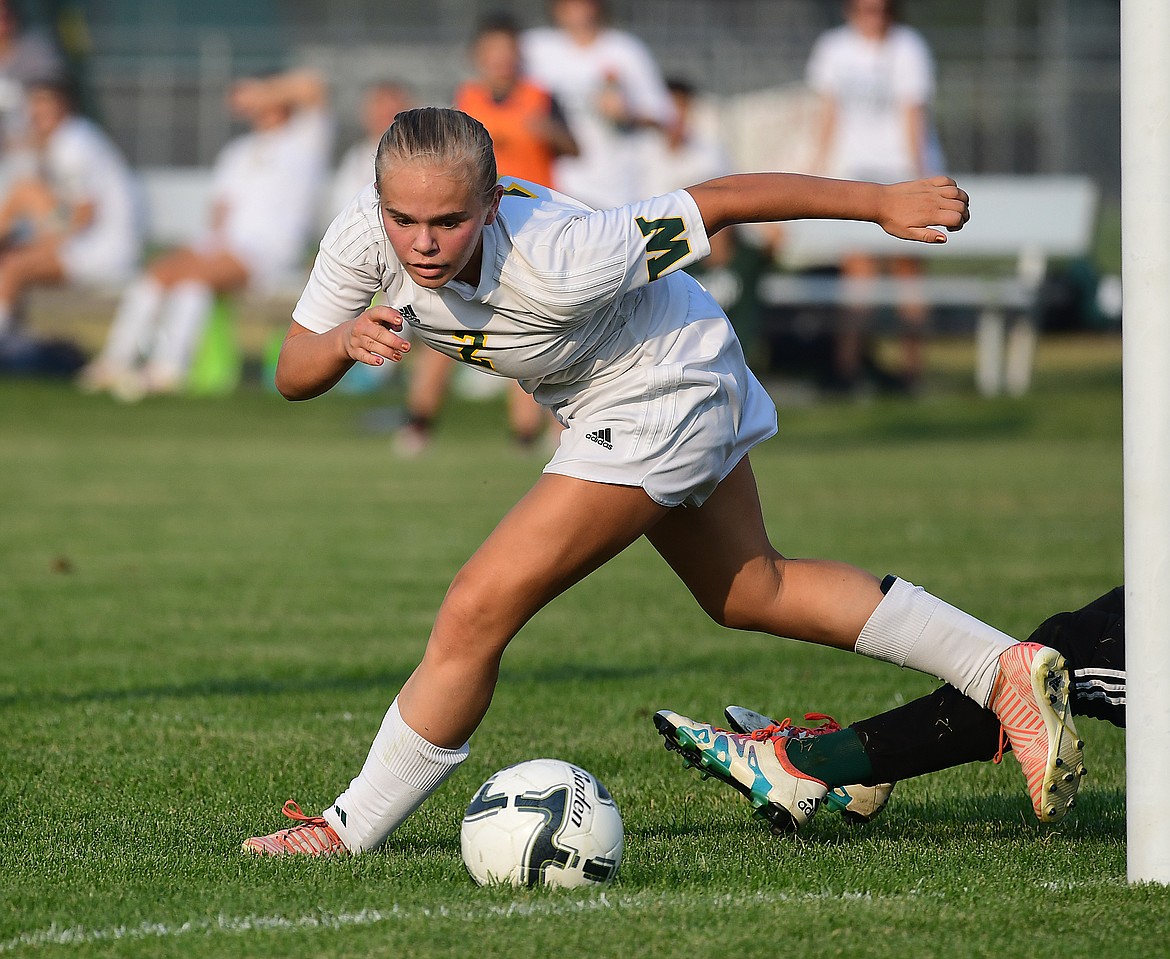 Whitefish Bulldog defender Anna Cook looks to clear the ball against Columbia Falls Tuesday. (Chris Peterson photo/Hungry Horse News)