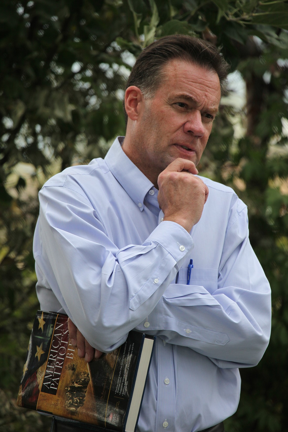 Photo by DUANE RASMUSSEN
Fulcher in thought just before speaking at his public appearance Saturday at the home of Tim and Karen Kastning in Rathdrum.