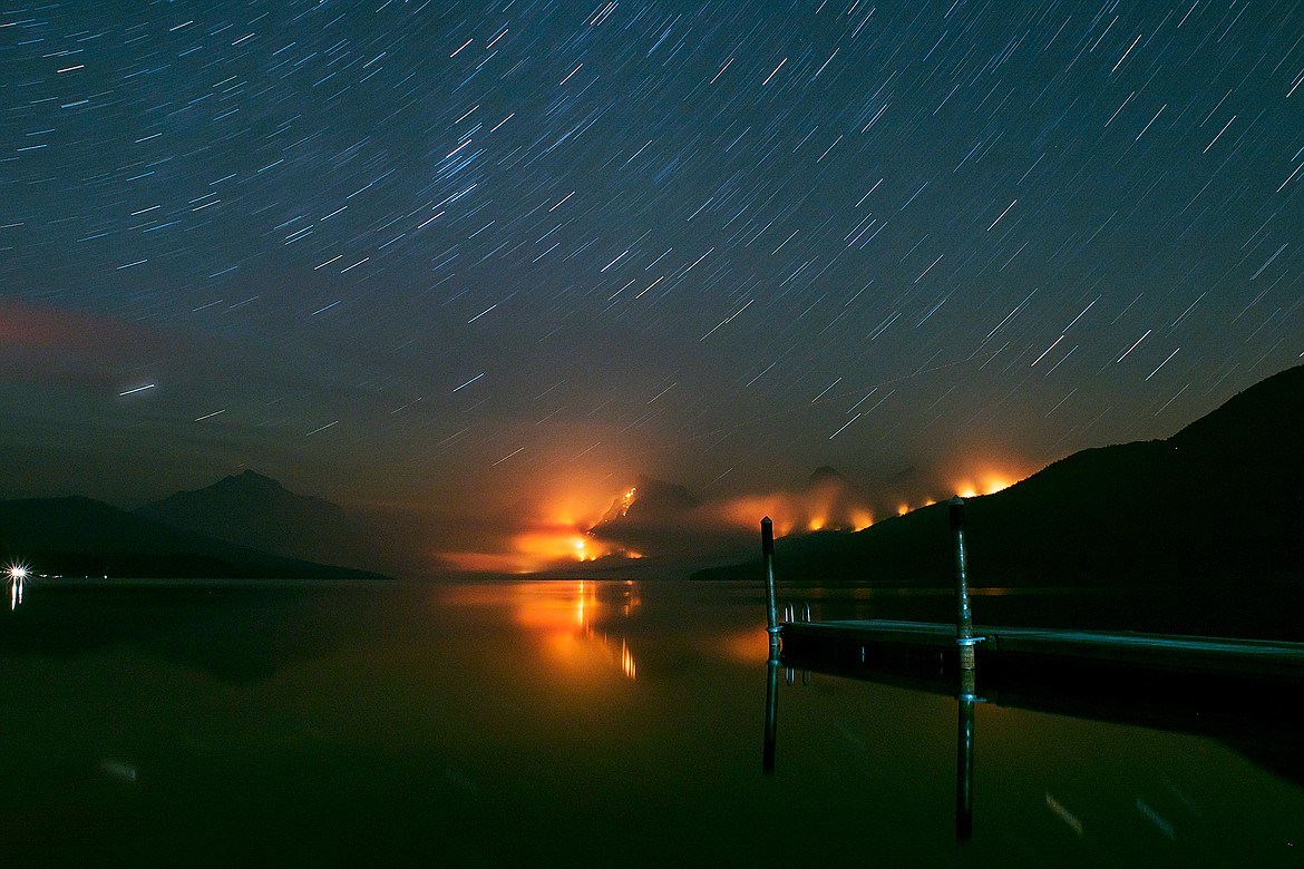 Star trails streak the night sky in an nearly nine minute exposure.