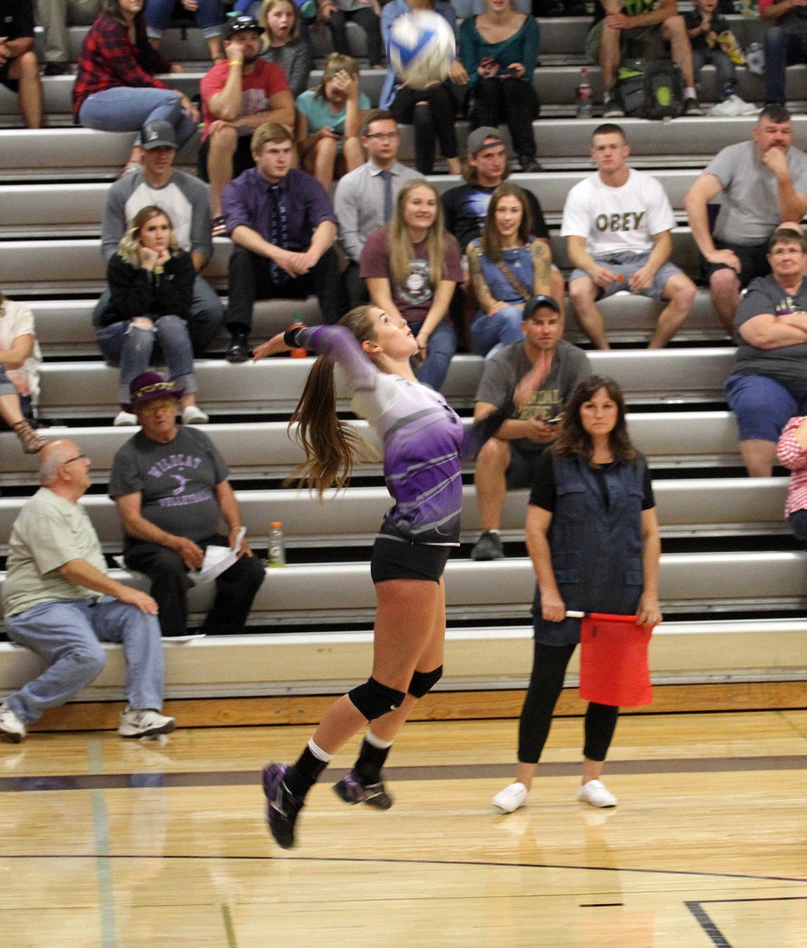 Kaili Cates drills one of her patented jump serves during Kellogg's match on Tuesday night.