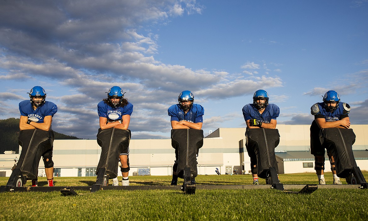 LOREN BENOIT/Press
Five senior linemen have helped pave the way for Coeur d&#146;Alene High&#146;s high-octane offense this year. From left to right are Logan Hendren, Gabe Zanetti, Jack Bloom, Spencer Weisel, and Noah Gunn. &#147;We have had a lot of good offensive lines in our time at CHS and this group of kids wants to live up to the standard,&#148; said offensive line coach Dustin Shafer.