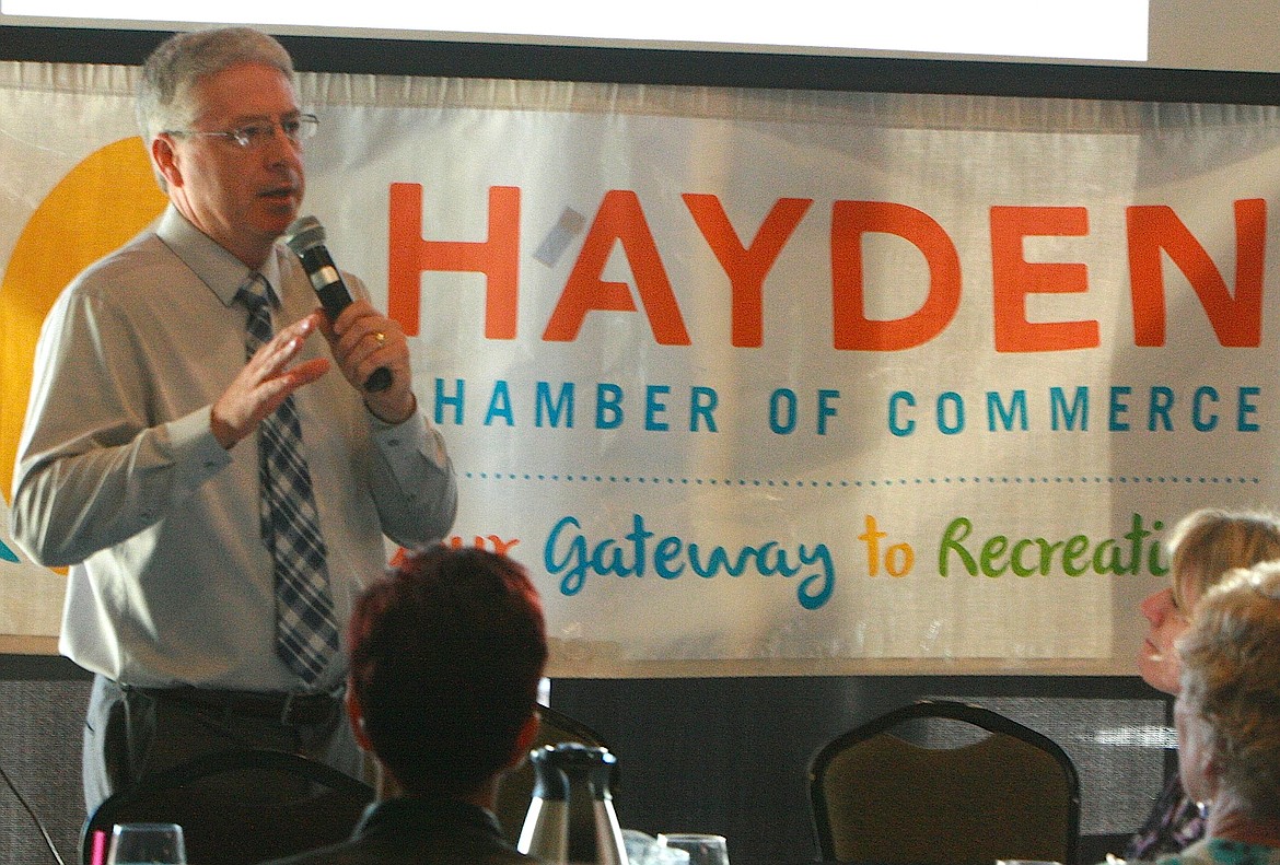 BRIAN WALKER/Press
Hayden City Administrator Brett Boyer speaks to the Hayden Chamber of Commerce on Thursday morning at the Kroc Center in Coeur d'Alene about city and development trends.