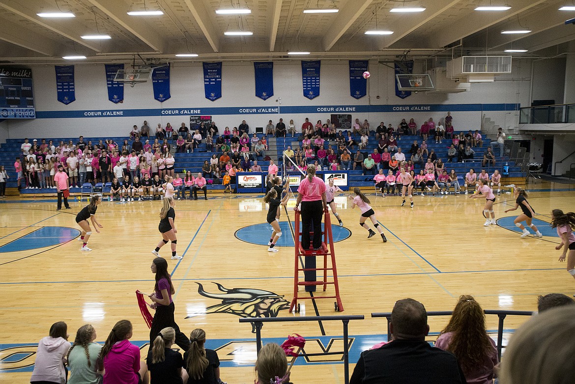 LOREN BENOIT/Press

Players and fans from both Coeur d&#146;Alene and Post Falls High School&#146;s wear pink for the Volleyball for the Cure match on Thursday.