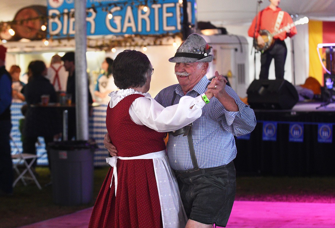 Otto and Deanna Ratz dance to a polka during the Great Northwest Oktoberfest in Whitefish on Thursday. (Aaric Bryan/Daily Inter Lake)