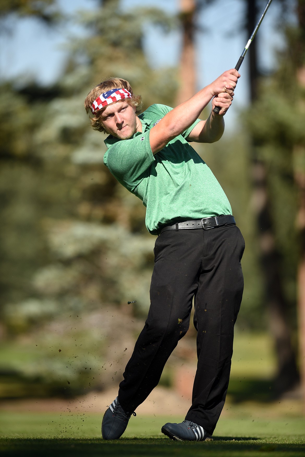 Glacier senior Brayden Aurich tees of during the AA State Tournament at Buffalo Hills Golf Course in Kalispell on Tuesday, September 26.(Brenda Ahearn/Daily Inter Lake)