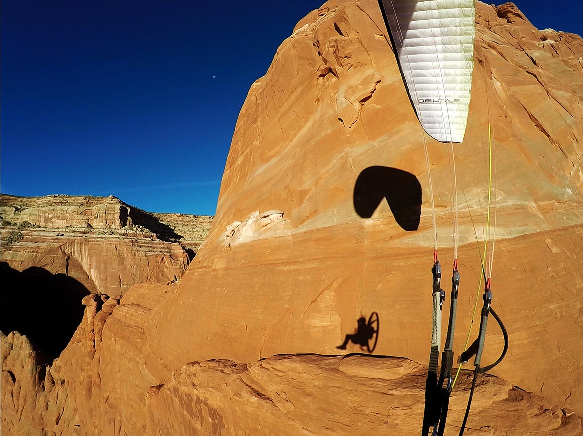 A pilot captures his own shadow against a formation in Monument Valley during the 2016 Icarus Trophy &#151; a paramotor adventure race. (Courtesy of The Adventurists)