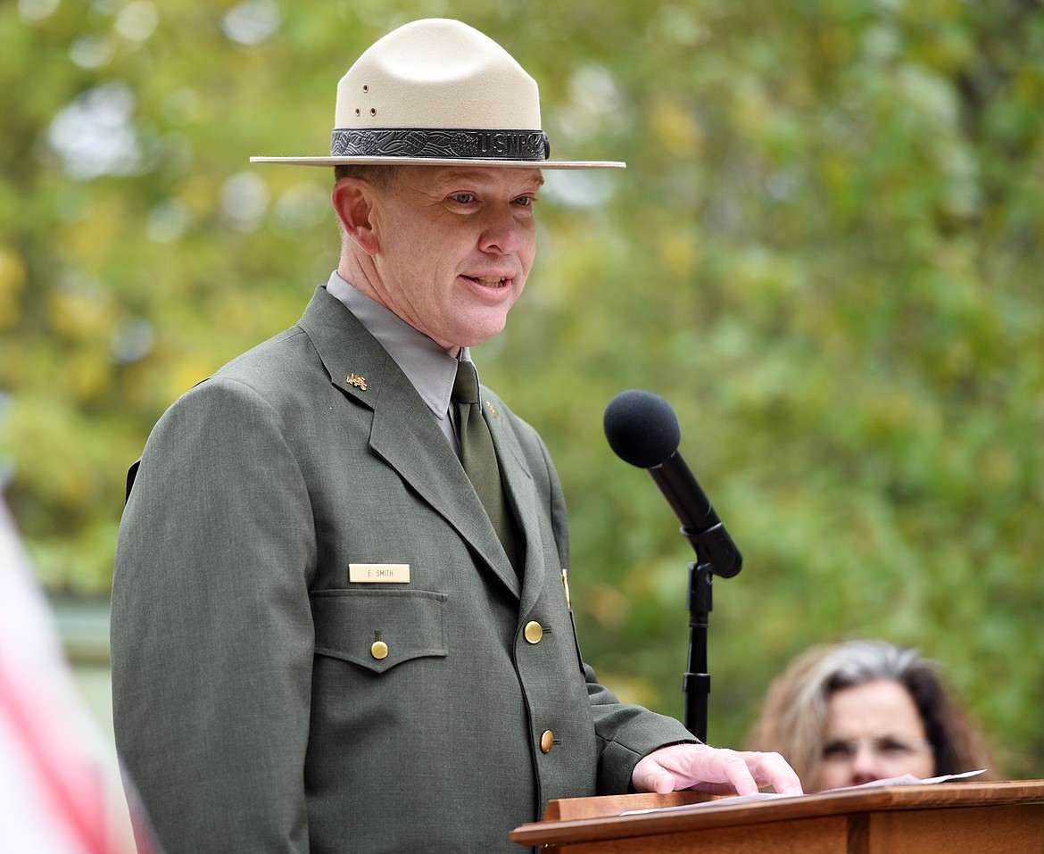 Deputy Superintendent of Glacier National Park Eric Smith makes his remarks at the Naturalization Ceremony on Lake McDonald on Friday, September 22. This is the second year this ceremony has been held in the park.(Brenda Ahearn/Daily Inter Lake)