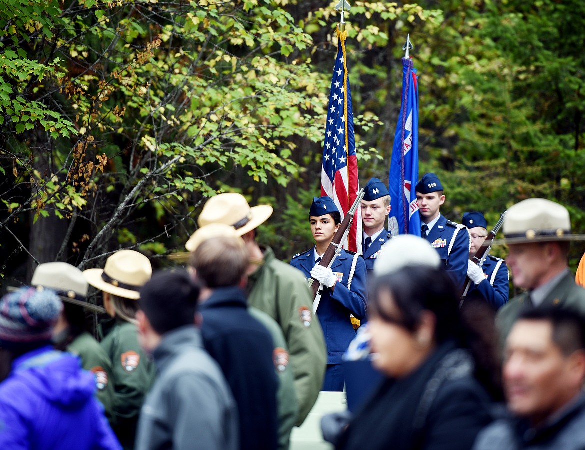 The Civil Air Patrol presents the colors at the Naturalization Ceremony on Friday, September 22 at Lake McDonald in Glacier National Park.(Brenda Ahearn/Daily Inter Lake)