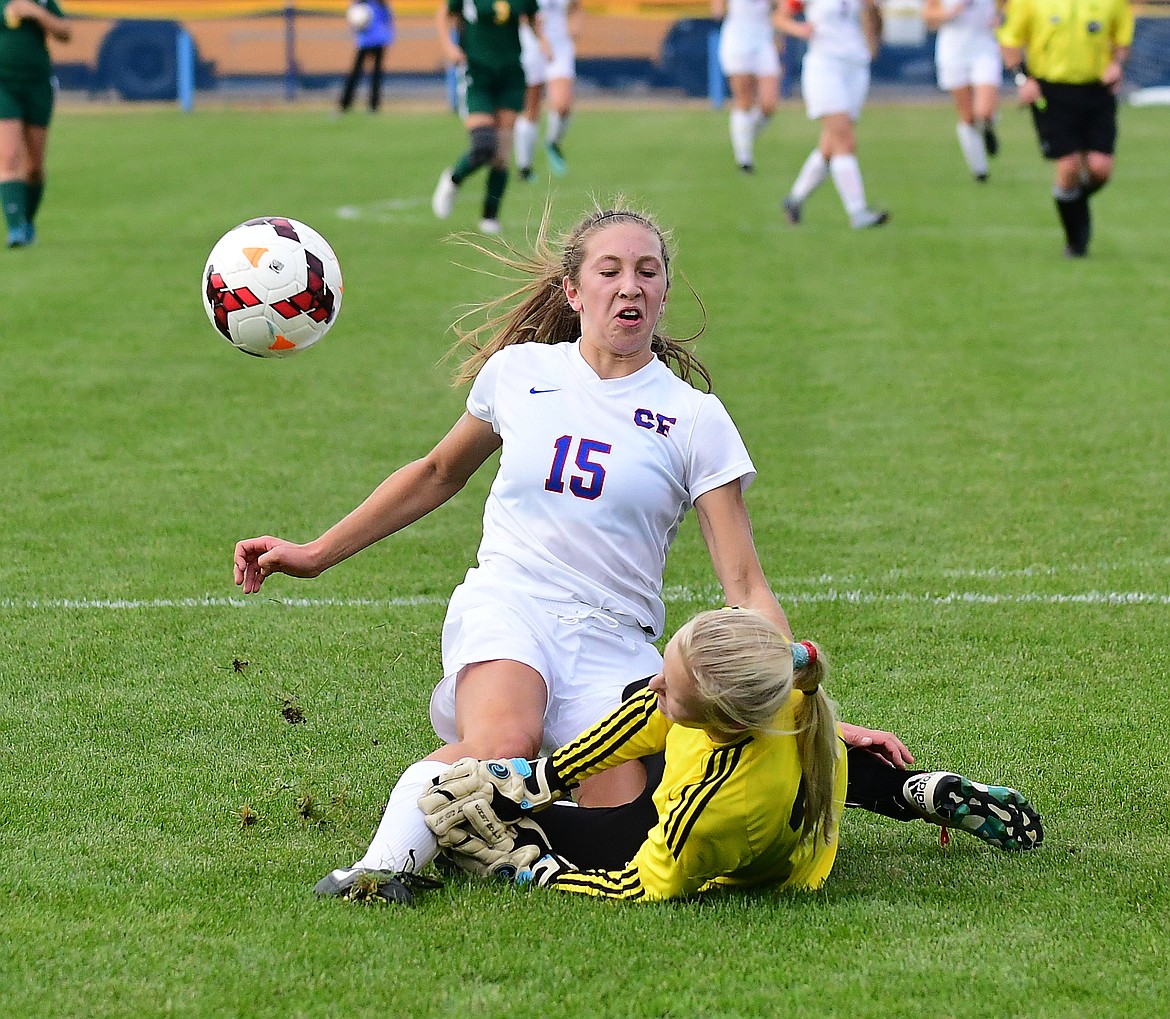 Josie Wandauer collides with Whitefish keeper Sami Galbraith.