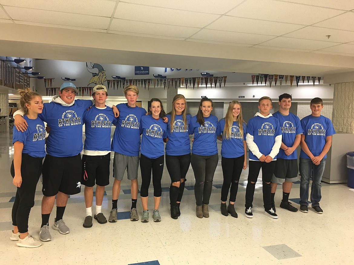 Courtesy photo
Coeur d&#146;Alene High&#146;s Athletes of the Month for September were recently honored. From left are Sam Swayze (volleyball), Jack Bloom (football), Sam Matheson (football), Chad Humphries (cross country), Rylee Brown (cross country), Sarah Swider (girls soccer), Macy Knight (cheerleading), Taylen Zahnow (swimming), Braeden Gelnette (boys soccer), Kai Waters (swimming) and Alex Mallet (crew). Not pictured is McKenna Lunneborg (crew).