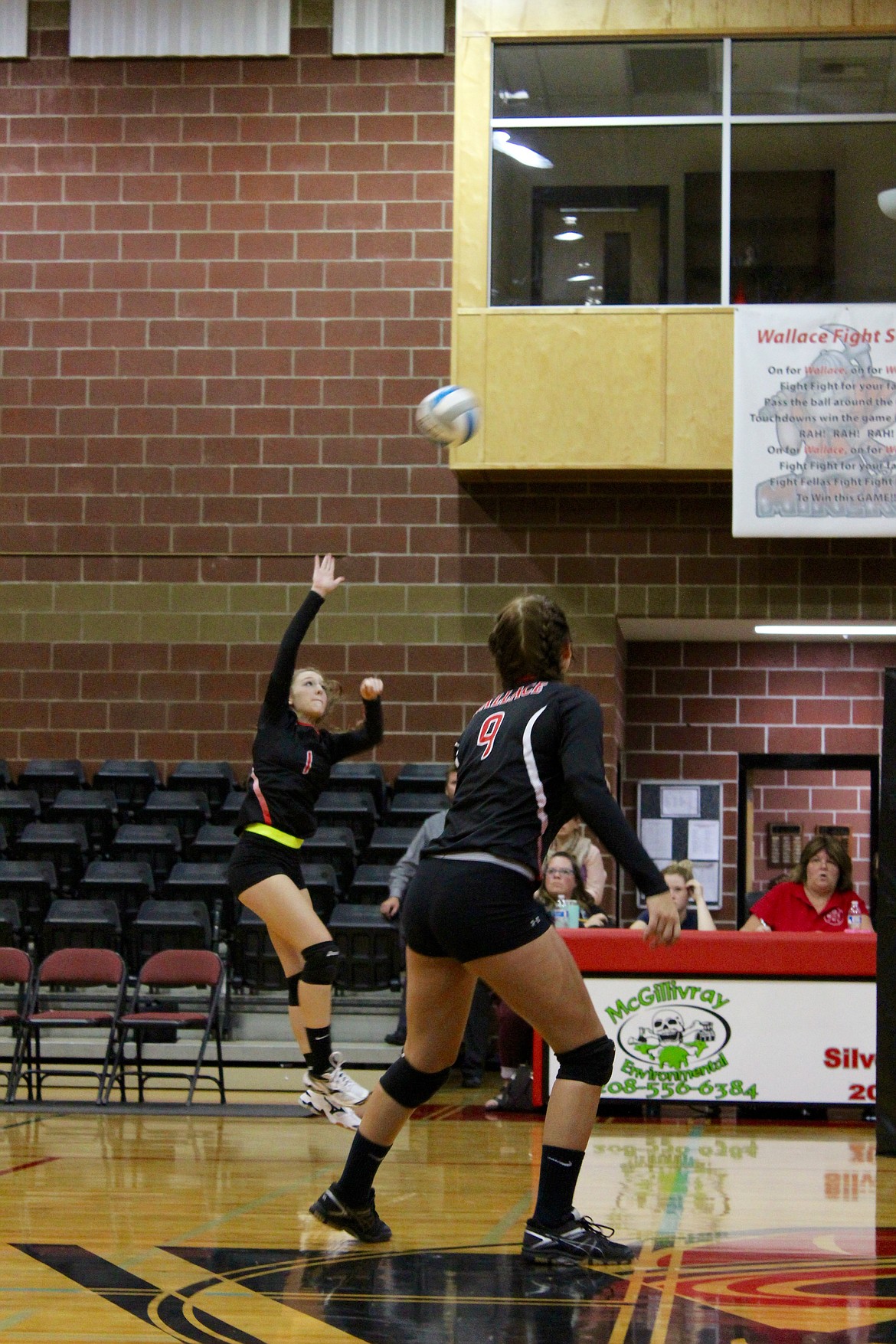 Photo by Chanse Watson
Back at you! Wallace&#146;s Catie Sheppard hops up to hit the ball during the Miners&#146; five-set match against visiting Clark Fork.