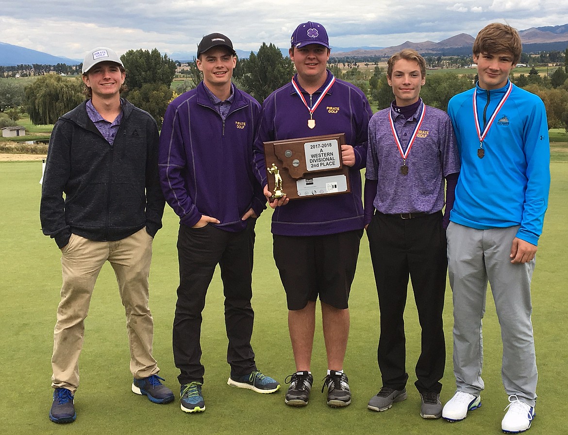 POLSON PIRATES boys (from left): Colby Devlin, Hogan Kelley,Carson McDaniel, Trey Kelley and Matt Hobbs pose after finishing second at Hamilton Divisional Tournament Saturday at the Hamilton Golf Course. (Photo courtesy of Shannon Cannon)