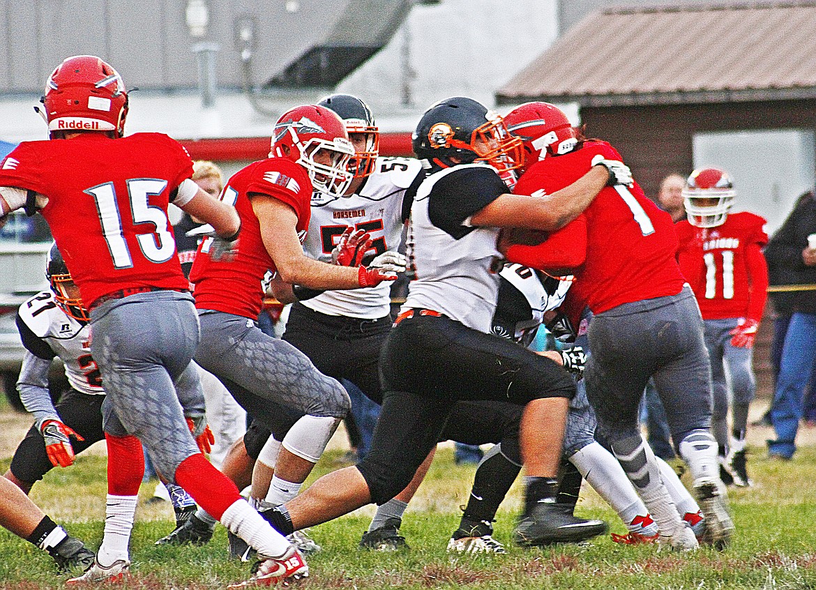 Junior Jacob Peterson (50) Plains Horsemen makes a solid tackle against Arlee (Photo supplied Jessica Peterson)