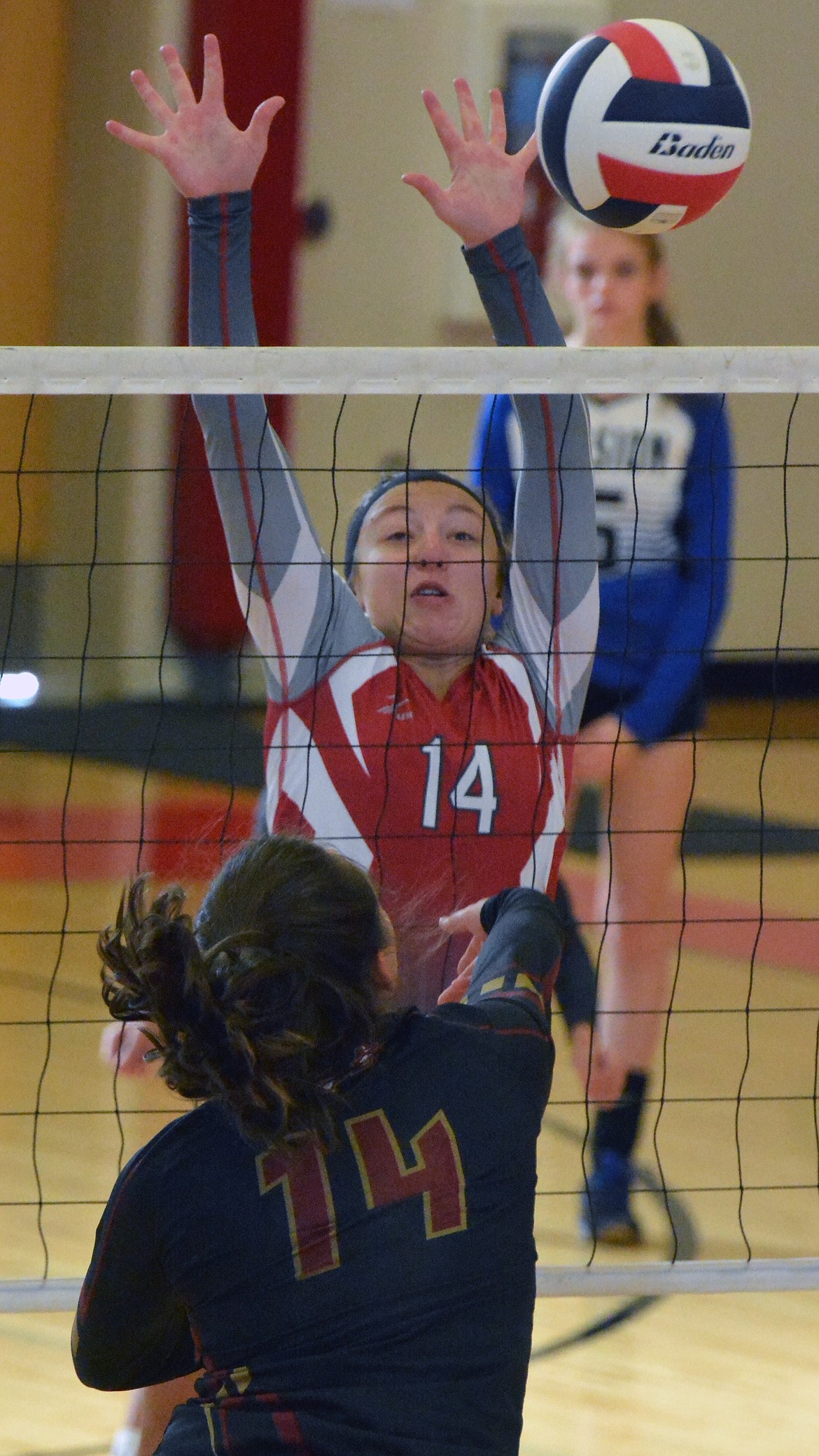 ARLEE HIGH School volleyball player Noelle West blocks a Granite opponent&#146;s attack Saturday afternoon at Arlee High School&#146;s gymnasium. (Jason Blasco/Lake County Leader)