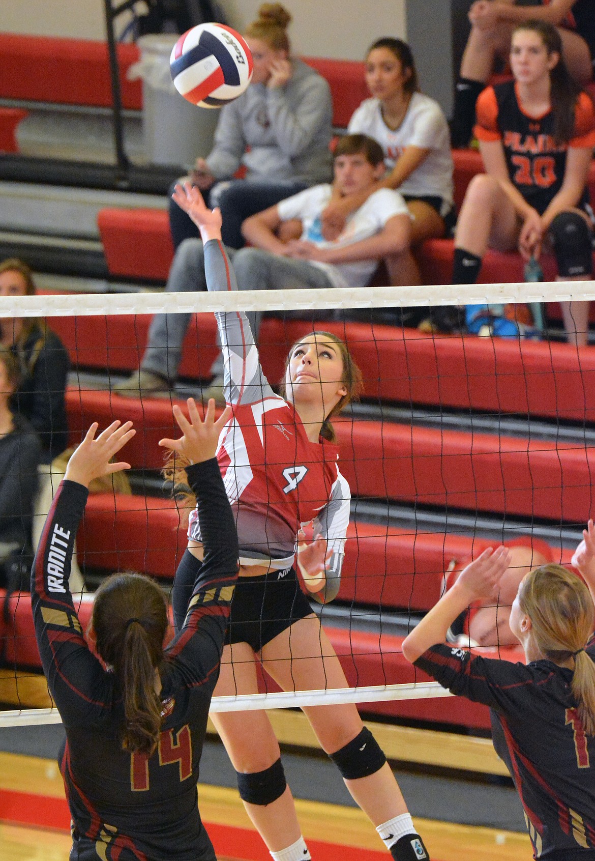 ARLEE WARRIORS volleyball player Eden Morin attempts to get a kill in one of the timed matches against Granite Saturday afternoon at Arlee High School gymnasium. (Jason Blasco/Lake County Leader)