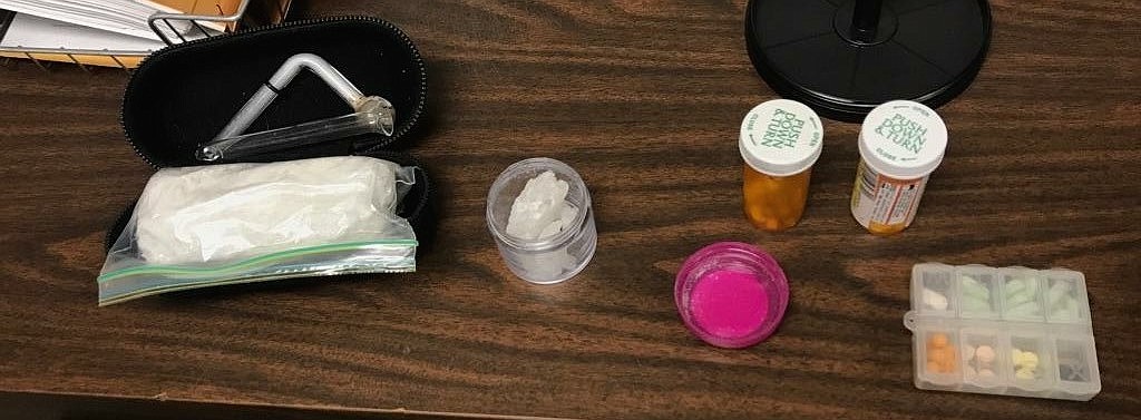 Courtesy Photo
Over a quarter pound of methamphetamines, numerous different types of prescription schedule II and IV pills, small amount of marijuana, and drug paraphernalia, found in a car during a traffic stop by BFPD on September 3.