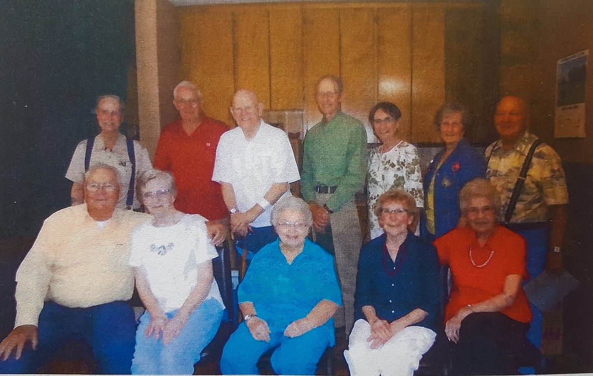 Courtesy Photo
The Class of 1952 celebrated their 65th Class Reunion on July 29, with a luncheon at Mugsy&#146;s Tavern and Grill.
Top row, left to right: Ted Ellis, Darrell Ritz, Hod Samborn, Burnell McGlocklin, Frieda Fox McGlocklin, Ione Bennett Spalding, and Gary Yeomans.
Bottom Row, left to right: Jim Smith, Roberta Vetter Bowen, Nadine Young Krigbaum, Virginia Johnson Sanborn, and Claudia Martin Thornton.