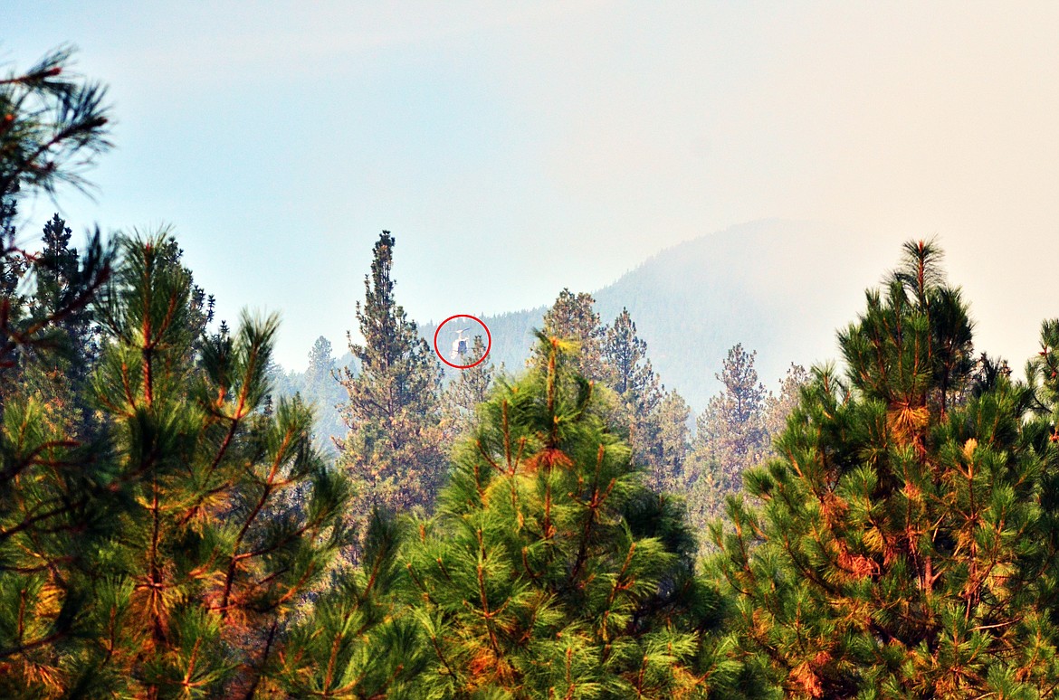 A long shot of a helicopter filling the bucket through the trees on the &#145;second&#146; fire on Highway 135 amongst the smoke. (Erin Jusseaume/ Clark Fork Valley Press)