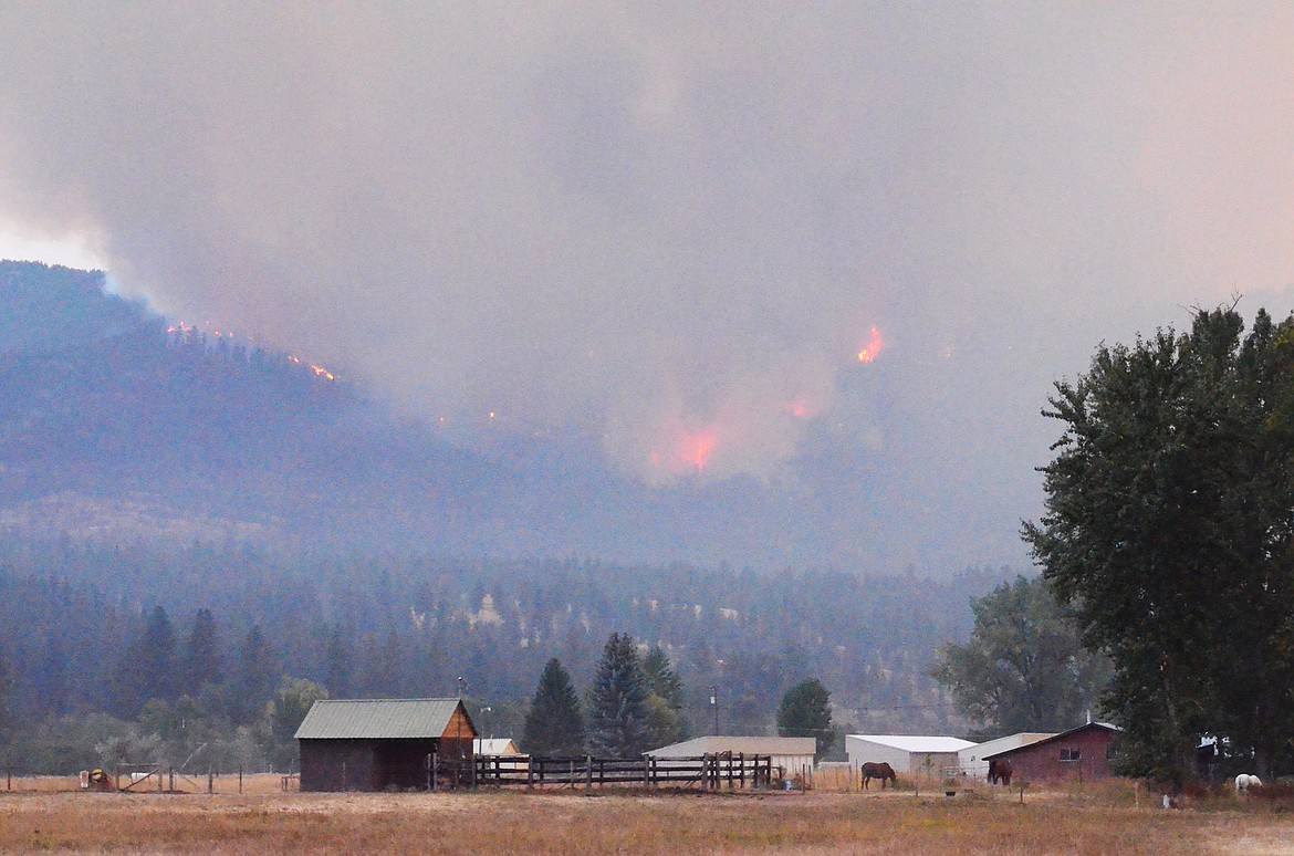 Sheep Gap fire making a run towards Plains, viewed from the County Fair grounds. (Erin Jusseaume/ Clark Fork Valley Press)