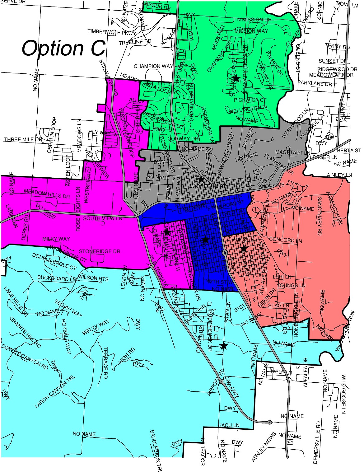 A third option in revising boundary lines for elementary schools in Kalispell. Please note that potions of school boundaries have been cropped out for clarity.