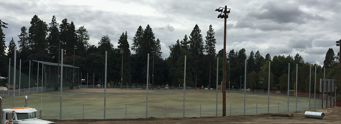 MARK NELKE/Press
The outfield was recently hydroseeded at the reconfigured Memorial Field, where a tall screen (note the posts) will provide protection for a parking lot and new skate park planned for behind the outfield fence.