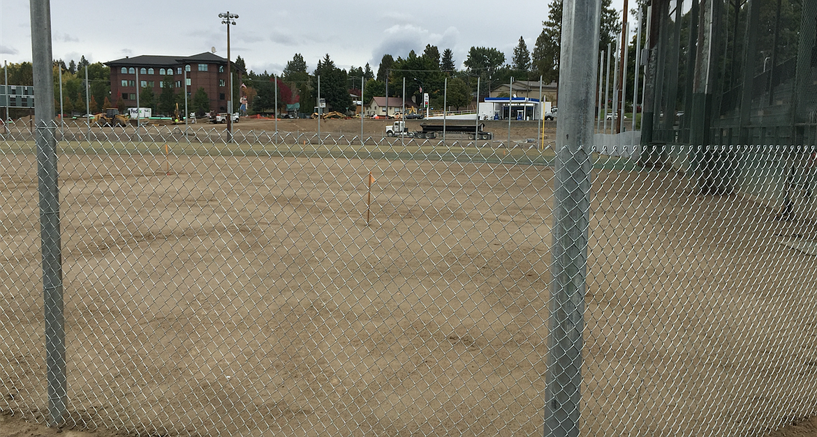 MARK NELKE/Press
A pair of stakes mark where home plate (the near post) and the pitcher&#146;s rubber will be when the reconfigured Memorial Field is ready for play next spring. The grandstand will be to the right of home plate, rather than directly behind it.