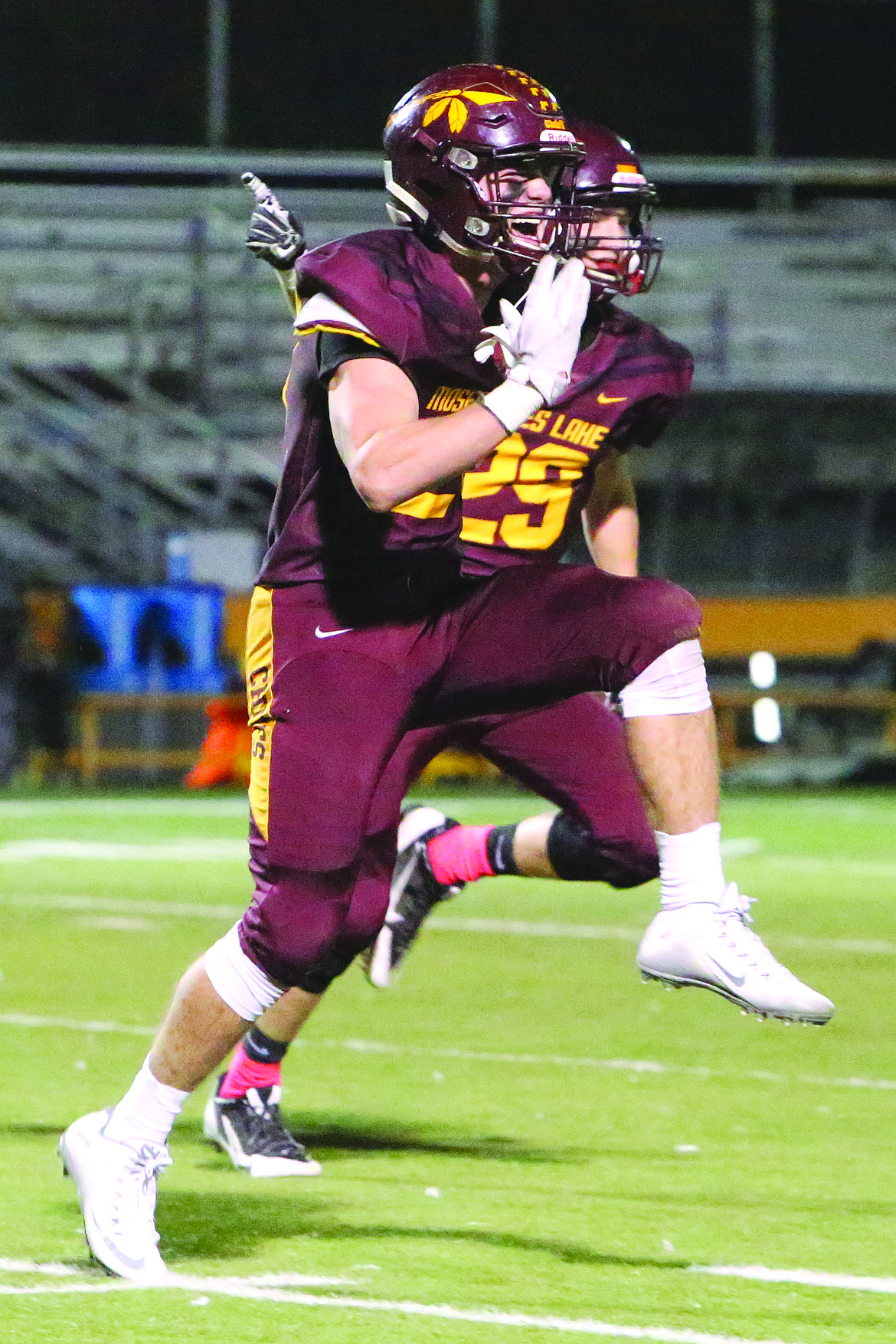 Connor Vanderweyst/Columbia Basin Herald
Moses Lake defensive lineman Hunter Cruz celebrates a recovered fumble in the first quarter.