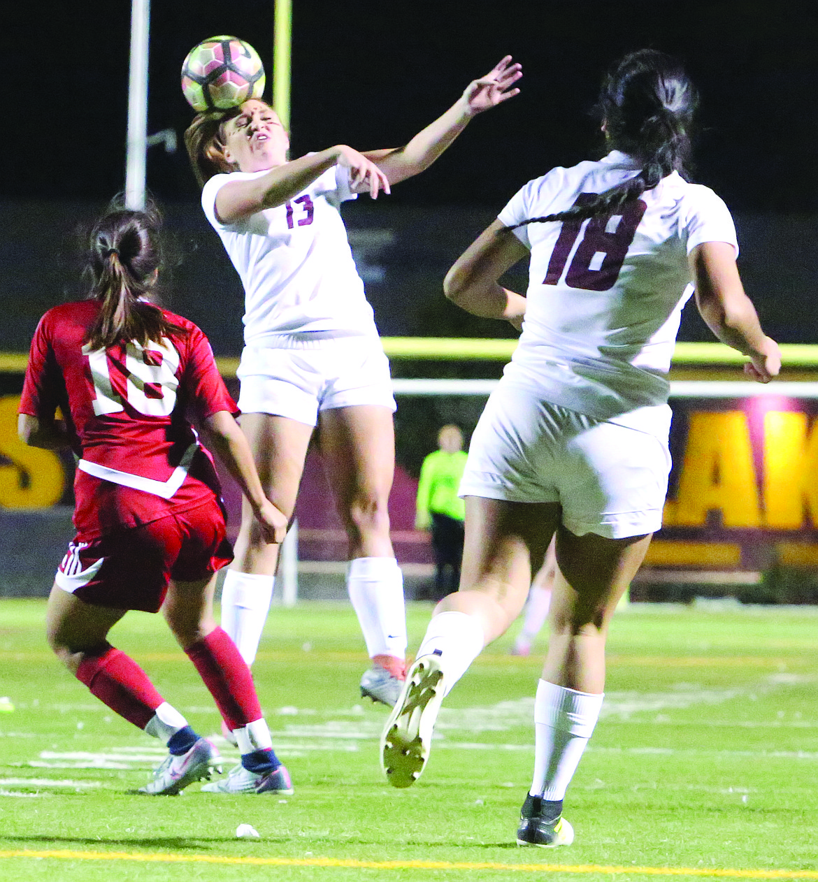 Connor Vanderweyst/Columbia Basin Herald
Moses Lake's Jocelyn Rataezyk gets a head on the ball against Sunnyside.