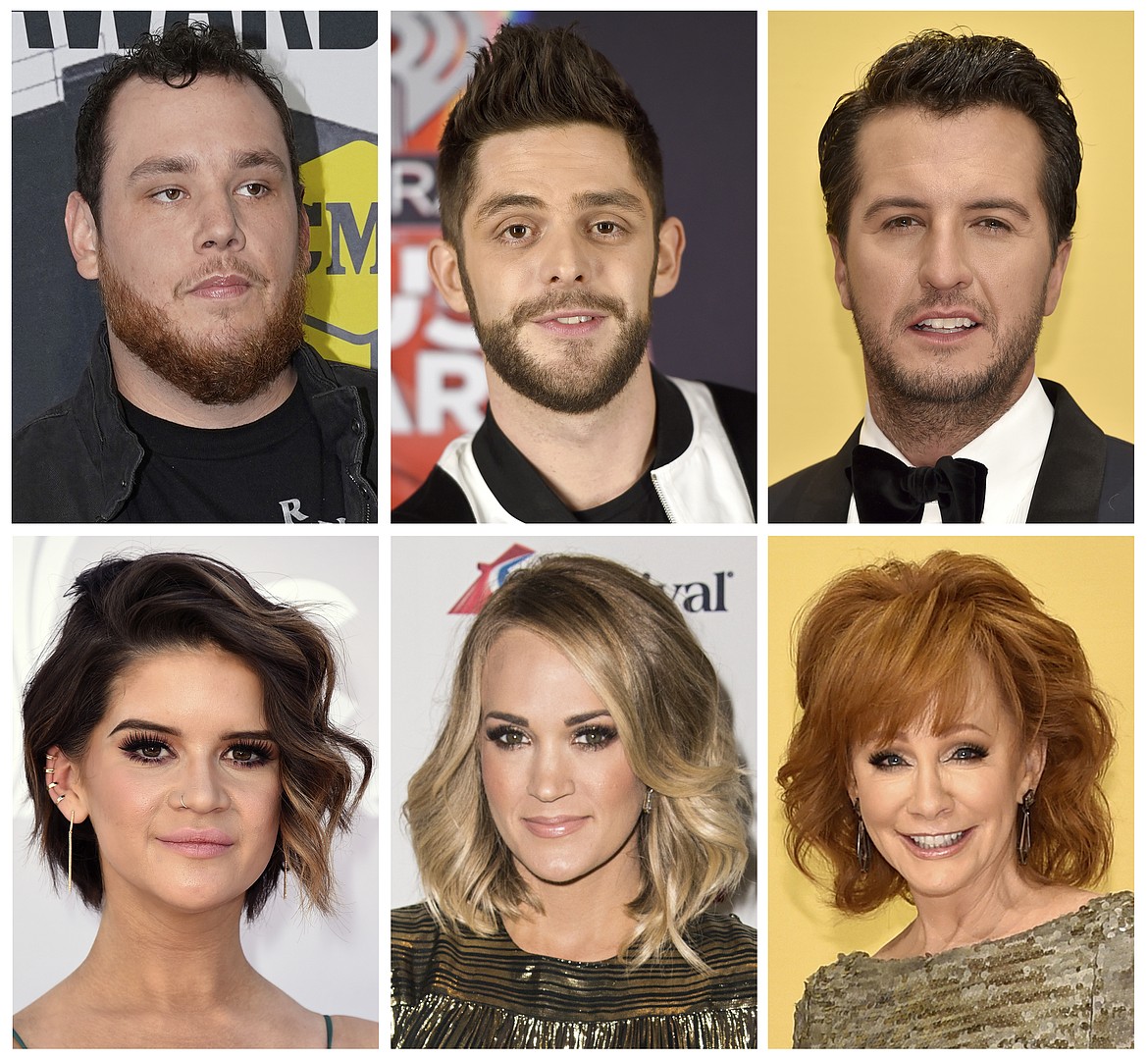 This combination photo shows country performers, top row from left, Luke Combs, Thomas Rhett, Luke Bryan, and from bottom left, Maren Morris, Carrie Underwood and Reba McEntire who took to social media to express their sadness after the mass shooting in Las Vegas at the Route 91 Harvest Festival on Sunday, Oct. 1, 2017. (AP Photo/File)