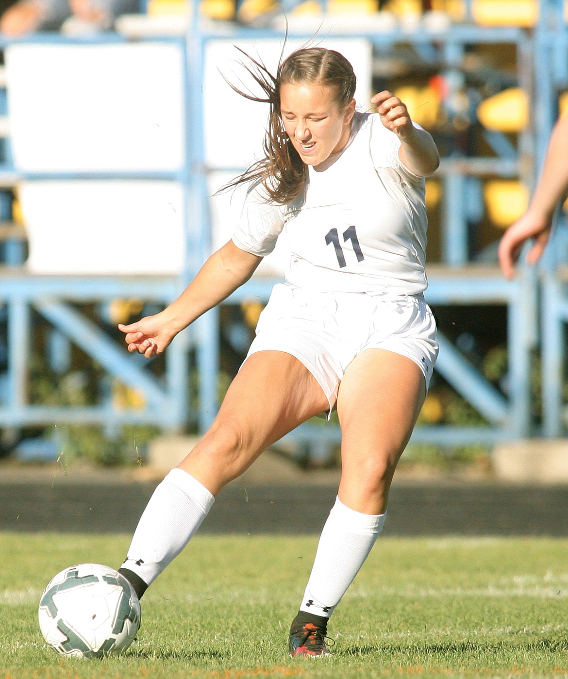 Zoie Spady with a shot on goal in second half vs. Bigfork Thursday, Sept. 28. Valkyries over Lady Loggers 5-2. (Paul Sievers/The Western News)