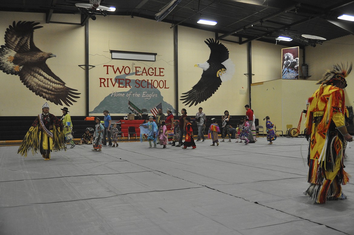 Children and adults participated in the Social Pow Wow at Two Eagle River School in Pablo Friday afternoon. The pow wow marked the closing of Native American Awareness Week. (Ashley Fox/Lake County Leader)