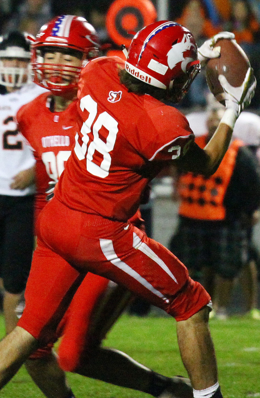 Rodney Harwood/Columbia Basin HeraldOthello outside linebacker Sam Azevedo comes away with the pass interception in the second half of Friday's CWAC North game against Ephrata.