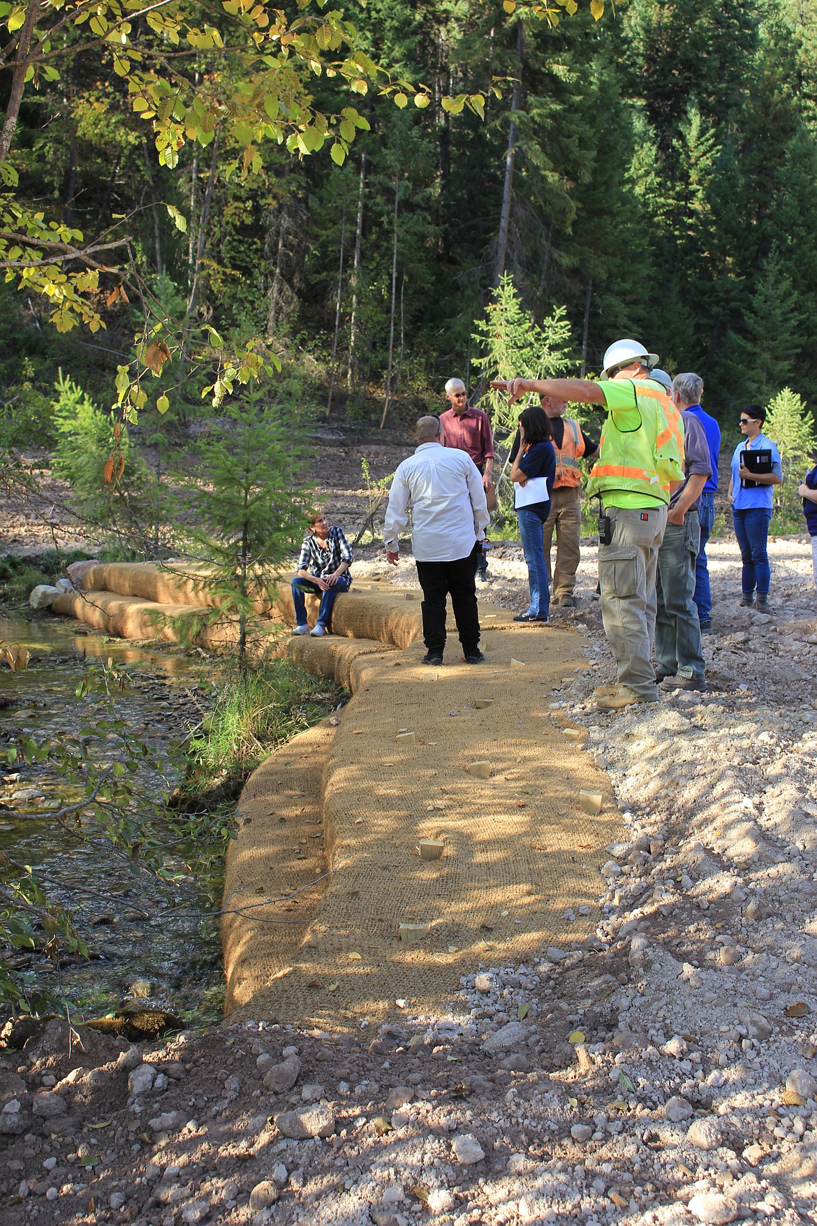 Biodegradable fabric lines portions of Flat Creek as part of the superfund cleanup north of Superior. Seeds are planted beneath the fabric and held in place until vegetation can regrow and secure the banks. (Kathleen Woodford/Mineral Independent).