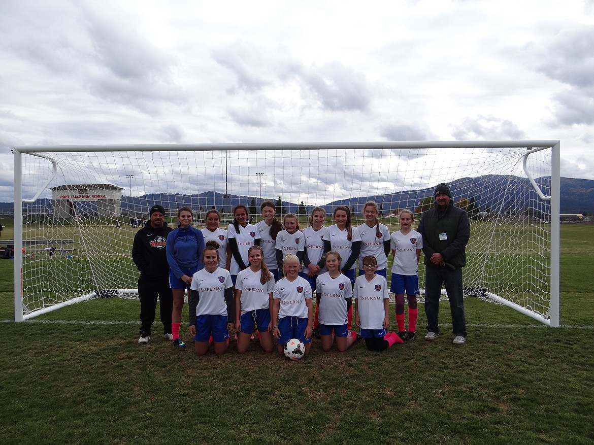 Courtesy photo
The North Idaho Inferno Girls &#145;04 Hartzell soccer team ended its season with a 4-1 win against the Sandpoint Strikers, with two goals each from Vivien Matthews and Valerie Flores, and assists from Teagan Chatterton and Kennedy Hartzell. In the front row from left are Bella Cranford, Carlie Merrill, Kennedy Hartzell, Ashlyn Deruyter and Makenzie Neal; and back row from left, coach Kirk Hartzell, Johnna Gaylor, Valerie Flores, Emma VanHoof, Eden Harger, Caitlyn Urdrian, Alaska Stone, Madison Beamesderfer, Vivien Matthews, Teagan Chatterton and assistant coach Bill Deruyter.