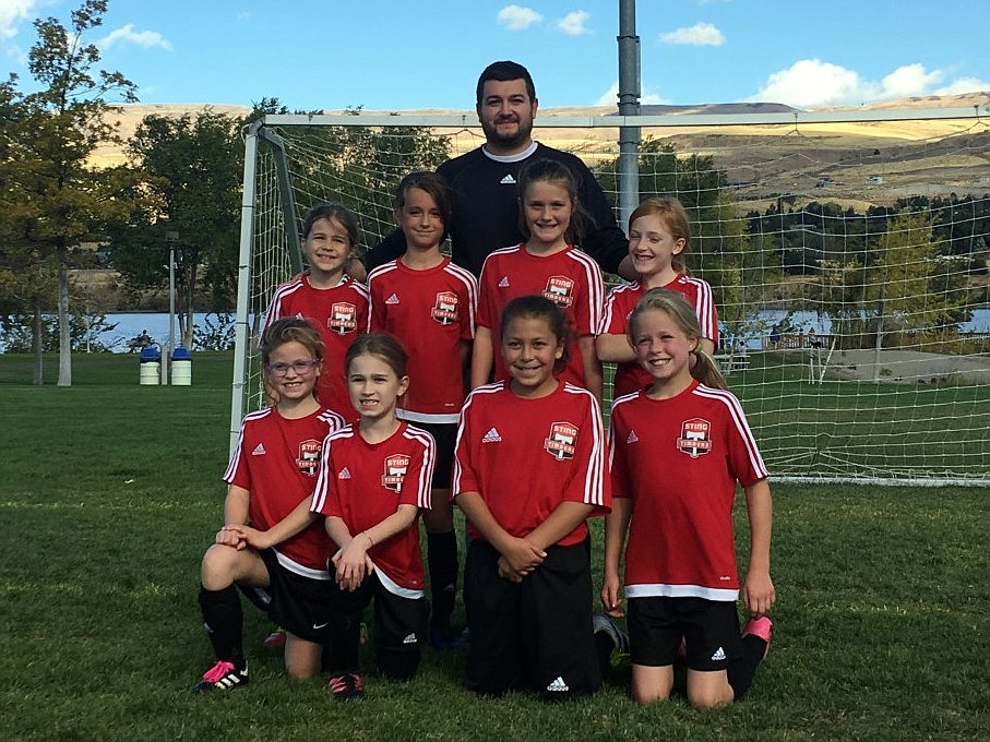 Courtesy photo
The Sting Timbers FC Girls &#145;08 Yellow soccer team played two games in Wenatchee. STFC won the first game 5-2. Allison Carrico had 2 goals, Savannah Spencer, Nora Ryan and Kamryn Kirk each had 1 goal. In Game 2 STFC won 8-3. Nora Ryan had 3 goals, Kamryn Kirk had 2 goals, Ashley Breisacher, Isabella Grimmett and Savannah Spencer each had 1 goal. In the front row from left are Ashley Breisacher, Sadie Evans, Allison Carrico and Nora Ryan; and back row from left,  Savannah Spencer, Isabella Grimmett, Kamryn Kirk, Teagan Slusher and coach Tony Grimmett.