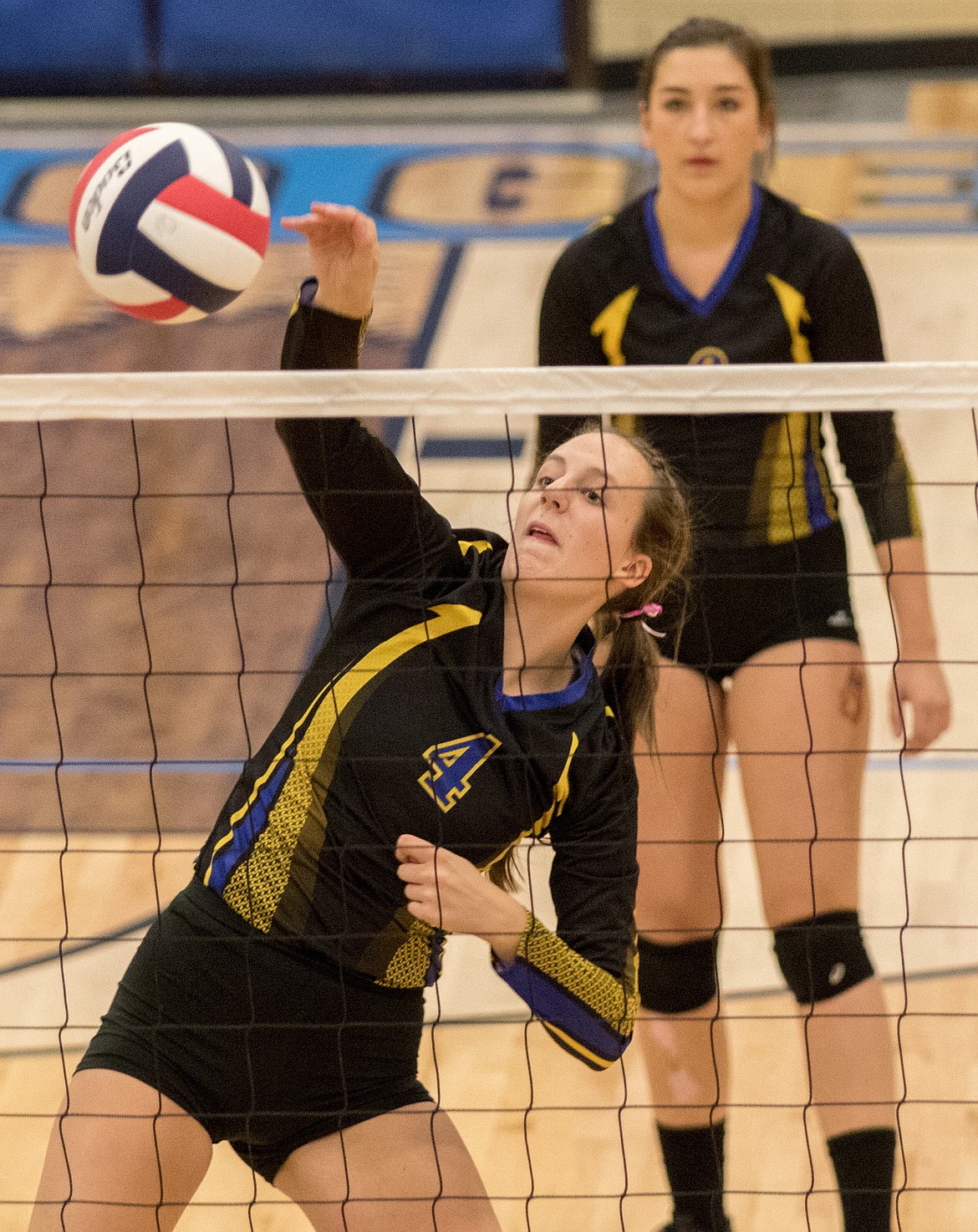 Libby&#146;s Jayden Winslow scores one of her eight kills against Ronan in Libby Saturday, Oct. 14.