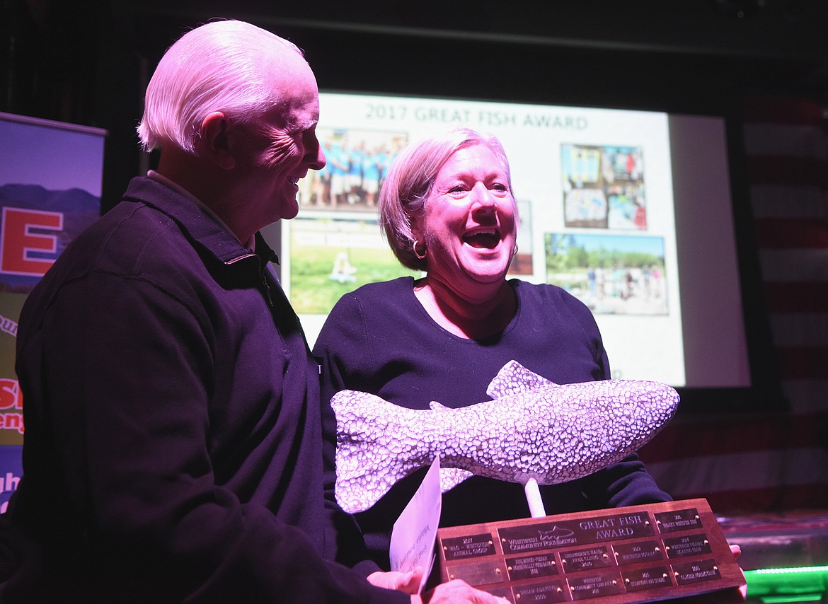 Wendy Coyne of Whitefish Animal Group reacts after receiving the Great Fish Award and a $5,000 grant as part of the Great Fish Community Challenge. (Daniel McKay/Whitefish Pilot)