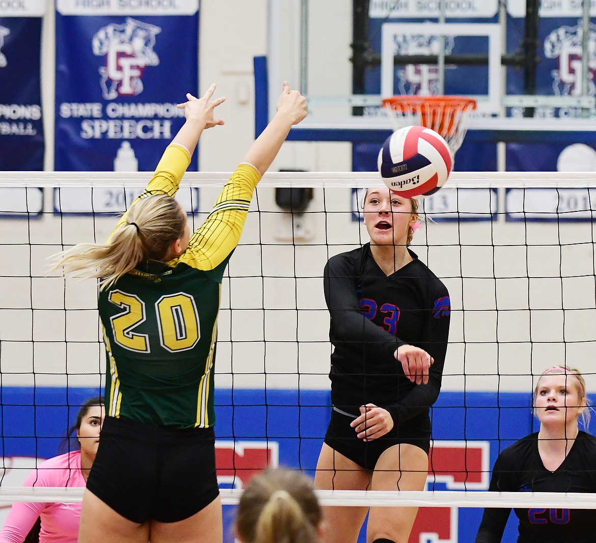 Ryley Kehr slams the ball over the net against Whitefish.