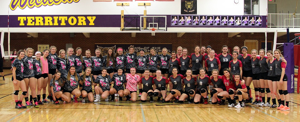 Photos by JOSH MCDONALD
A great showing of unity by the Kellogg and Wallace High School volleyball teams on Dig Pink Night. The evening is a fun night that raises funds and brings awareness to breast cancer.