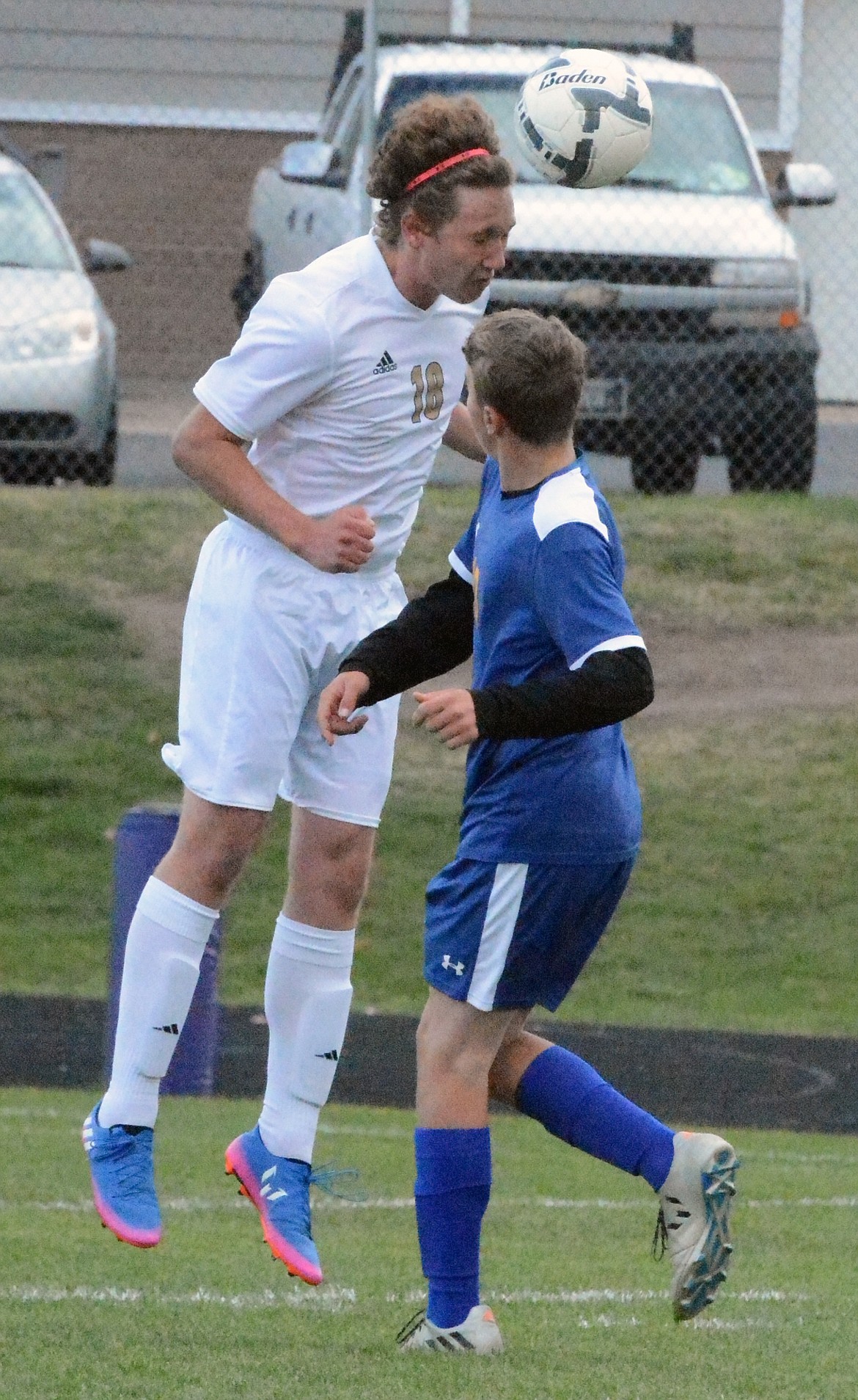 POLSON PIRATE soccer player Xavier Stalkfleet blasts an offering during the regular season finale against Libby Saturday at Polson High School. The Pirates will host Loyola in the first round of the playoffs at 12 p.m. Saturday at Polson High School. (Jason Blasco/Lake County Leader)