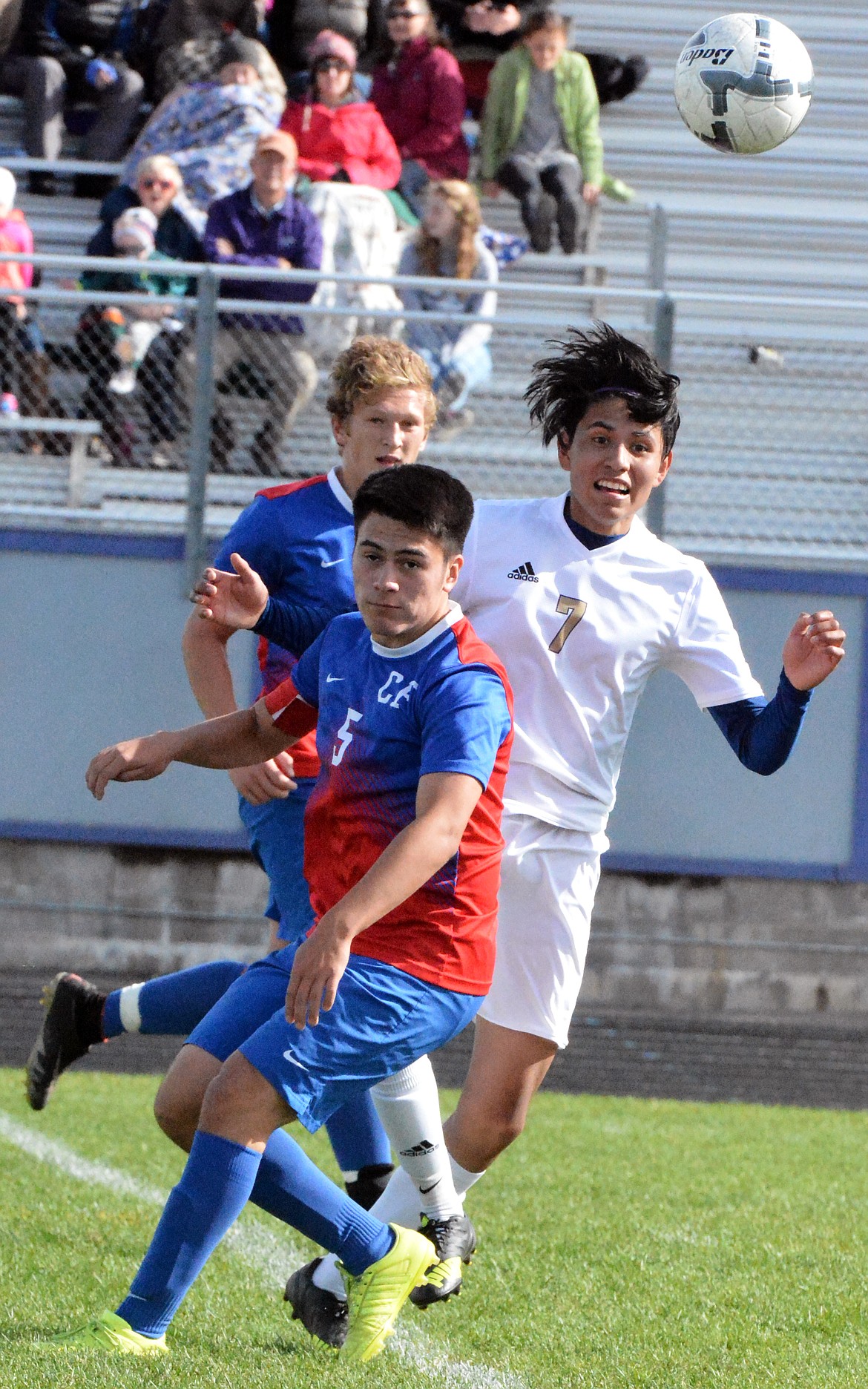 POLSON HIGH School Alex Encizo position himself to try to battle for possession of the ball at midfield during a recent regular season game against Columbia Falls at Polson High School. The Pirates hopes to win the Class A state championship soccer title.  (Jason Blasco/Lake County Leader)